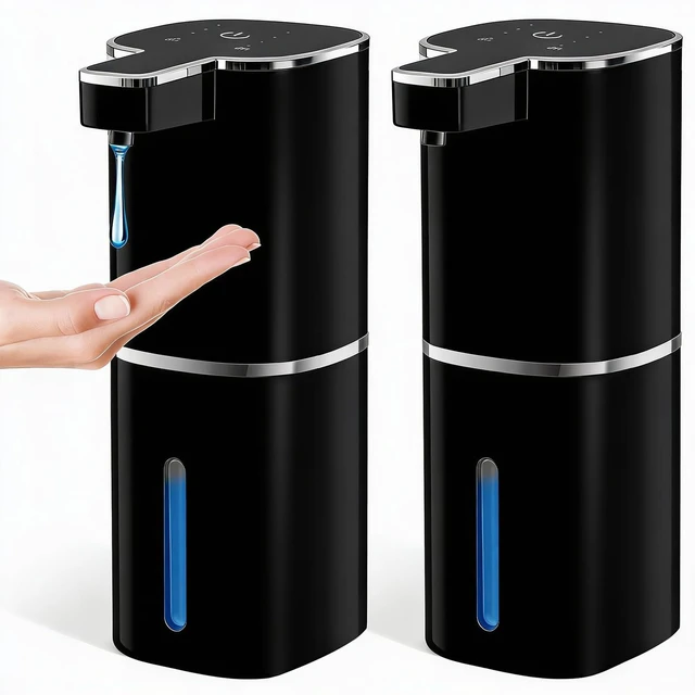 Main image of Automatic Soap Dispenser Touchless, 2 Pack Black Auto Soap Dispensers for Bathroom and Kitchen, 15 Fl Oz Plastic Electric Dish Liquid Dispensers Wall Mount with 1200 mAh Battery