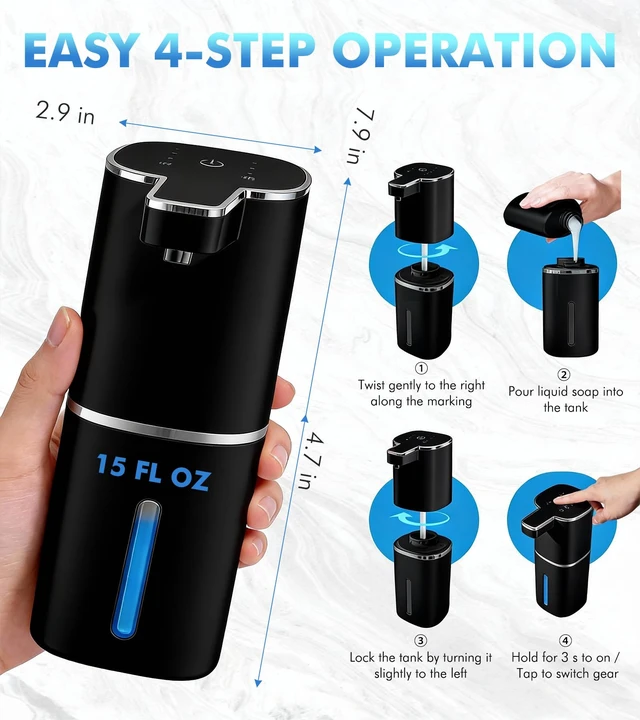 Alt view image 2 of 7 - Automatic Soap Dispenser Touchless, 2 Pack Black Auto Soap Dispensers for Bathroom and Kitchen, 15 Fl Oz Plastic Electric Dish Liquid Dispensers Wall Mount with 1200 mAh Battery