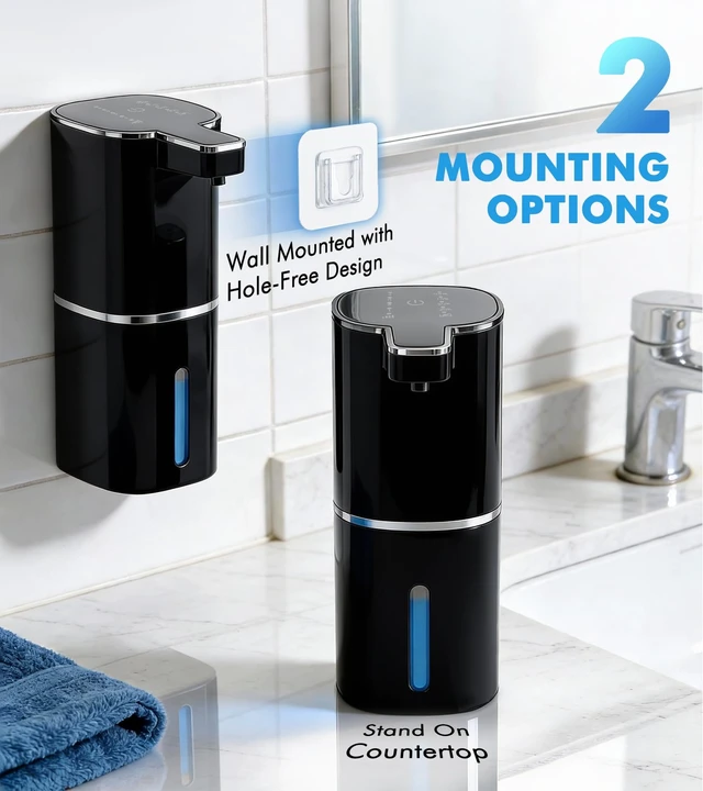 Alt view image 6 of 7 - Automatic Soap Dispenser Touchless, 2 Pack Black Auto Soap Dispensers for Bathroom and Kitchen, 15 Fl Oz Plastic Electric Dish Liquid Dispensers Wall Mount with 1200 mAh Battery