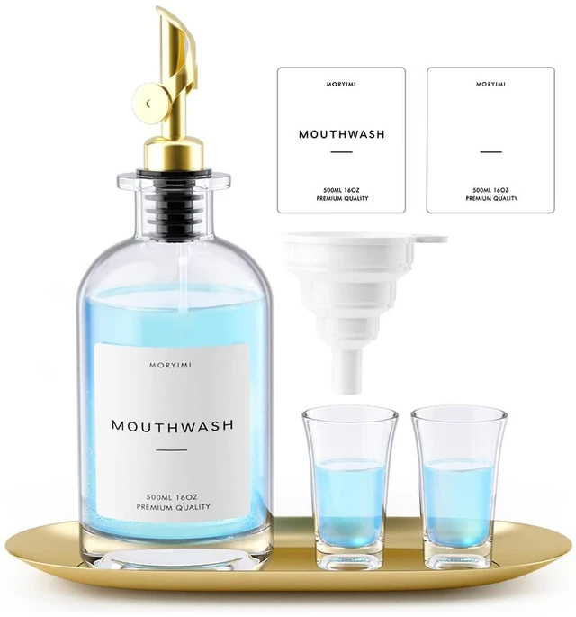 Main image of Moryimi Mouthwash Dispenser, 16oz Glass Mouthwash Decanter for Bathroom, Mouth Wash Container Mouthwash Bottle with Pour Spout, Reusable Mouthwash Dispenser Set with Cups and Gold Tray