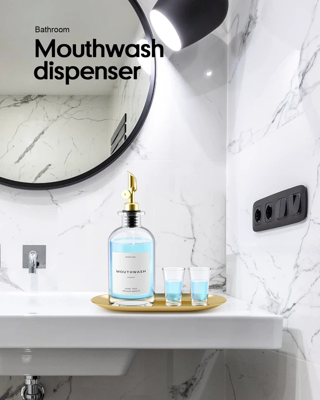 Alt view image 2 of 6 - Moryimi Mouthwash Dispenser, 16oz Glass Mouthwash Decanter for Bathroom, Mouth Wash Container Mouthwash Bottle with Pour Spout, Reusable Mouthwash Dispenser Set with Cups and Gold Tray
