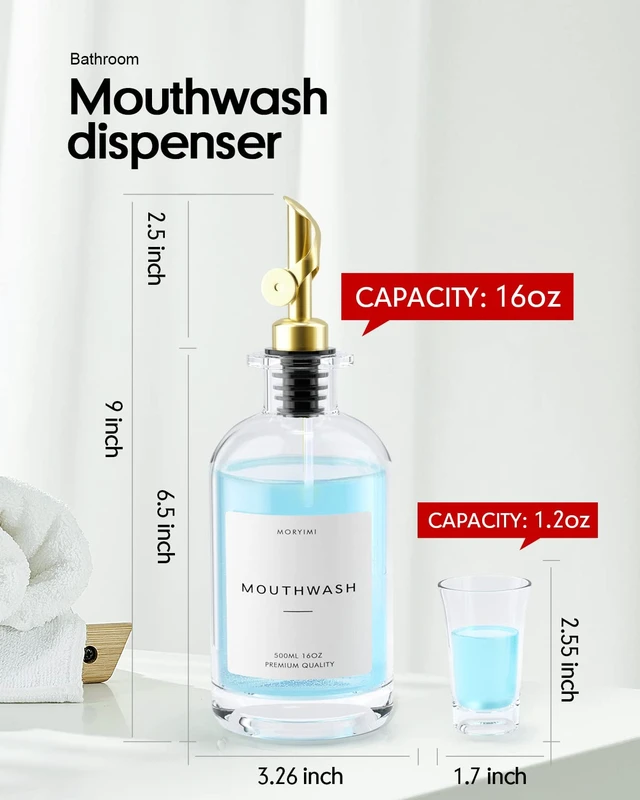 Alt view image 3 of 6 - Moryimi Mouthwash Dispenser, 16oz Glass Mouthwash Decanter for Bathroom, Mouth Wash Container Mouthwash Bottle with Pour Spout, Reusable Mouthwash Dispenser Set with Cups and Gold Tray