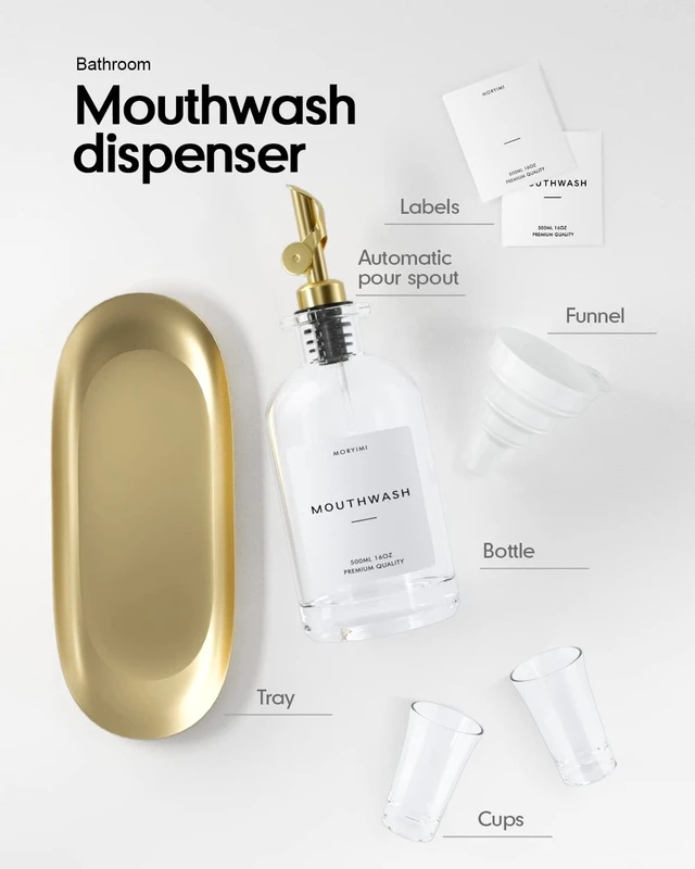 Alt view image 6 of 6 - Moryimi Mouthwash Dispenser, 16oz Glass Mouthwash Decanter for Bathroom, Mouth Wash Container Mouthwash Bottle with Pour Spout, Reusable Mouthwash Dispenser Set with Cups and Gold Tray
