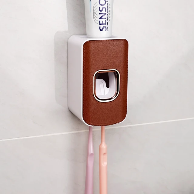 Alt view image 7 of 7 - 2 Slot Plastic Toothbrush Holder and Toothpaste Dispenser Wall Mounted, Automatic Toothpaste Squeezer, 2 in 1 Tooth Brush Toothpaste Organizer for Shower (Brown)