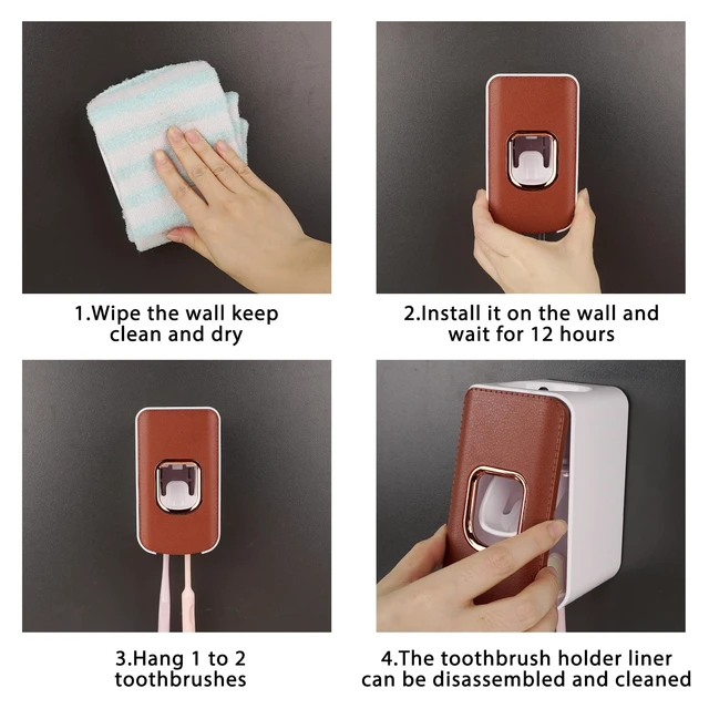 Alt view image 5 of 7 - 2 Slot Plastic Toothbrush Holder and Toothpaste Dispenser Wall Mounted, Automatic Toothpaste Squeezer, 2 in 1 Tooth Brush Toothpaste Organizer for Shower (Brown)