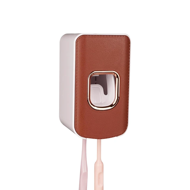 Alt view image 6 of 7 - 2 Slot Plastic Toothbrush Holder and Toothpaste Dispenser Wall Mounted, Automatic Toothpaste Squeezer, 2 in 1 Tooth Brush Toothpaste Organizer for Shower (Brown)