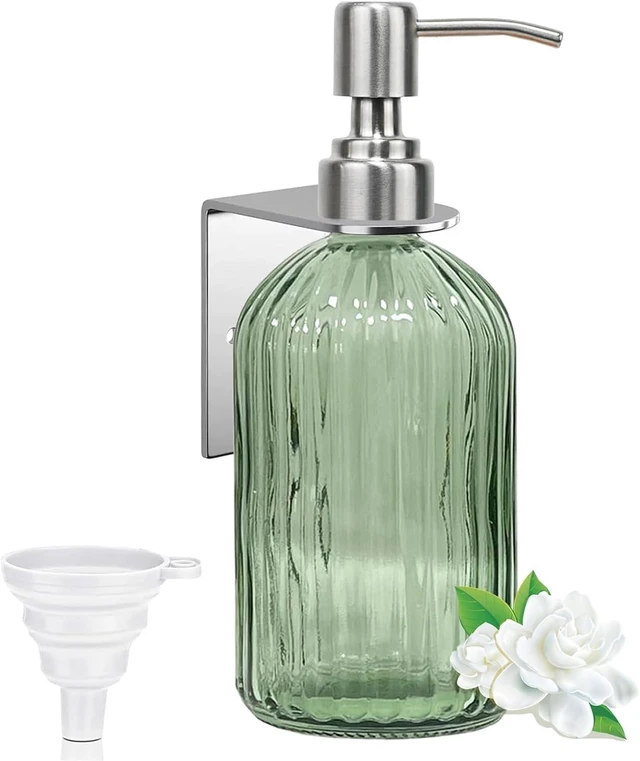 Main image of Green 14oz Shampoo and Conditioner Dispenser for Wall Mount, 1 Chamber | Clear Glass Shower Soap Bottle for Bathroom, Modern No Drill Easy Refill Hand Body Wash Dispensers with Stainless Steel Pump