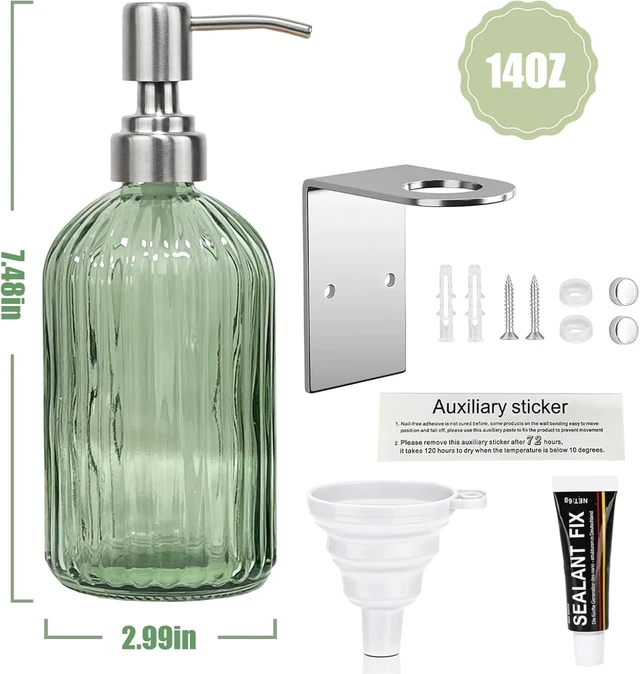Alt view image 2 of 7 - Green 14oz Shampoo and Conditioner Dispenser for Wall Mount, 1 Chamber | Clear Glass Shower Soap Bottle for Bathroom, Modern No Drill Easy Refill Hand Body Wash Dispensers with Stainless Steel Pump