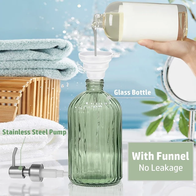 Alt view image 4 of 7 - Green 14oz Shampoo and Conditioner Dispenser for Wall Mount, 1 Chamber | Clear Glass Shower Soap Bottle for Bathroom, Modern No Drill Easy Refill Hand Body Wash Dispensers with Stainless Steel Pump