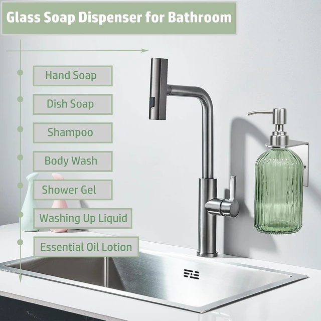 Alt view image 7 of 7 - Green 14oz Shampoo and Conditioner Dispenser for Wall Mount, 1 Chamber | Clear Glass Shower Soap Bottle for Bathroom, Modern No Drill Easy Refill Hand Body Wash Dispensers with Stainless Steel Pump