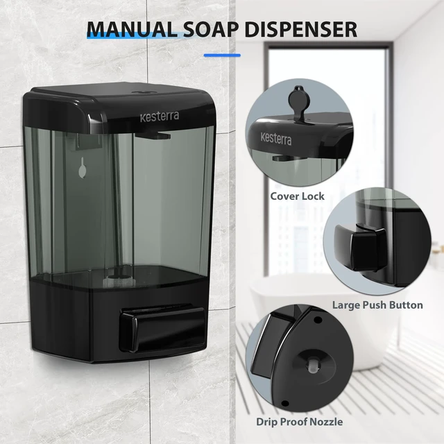 Alt view image 5 of 7 - Manual Soap Dispenser, 23.7oz/700ml Wall Mount Soap Dispenser, Large Capacity Kitchen Bathroom Hand Soap Pump, Commercial Refillable Shampoo Shower Gel Lotion Dispenser, Black