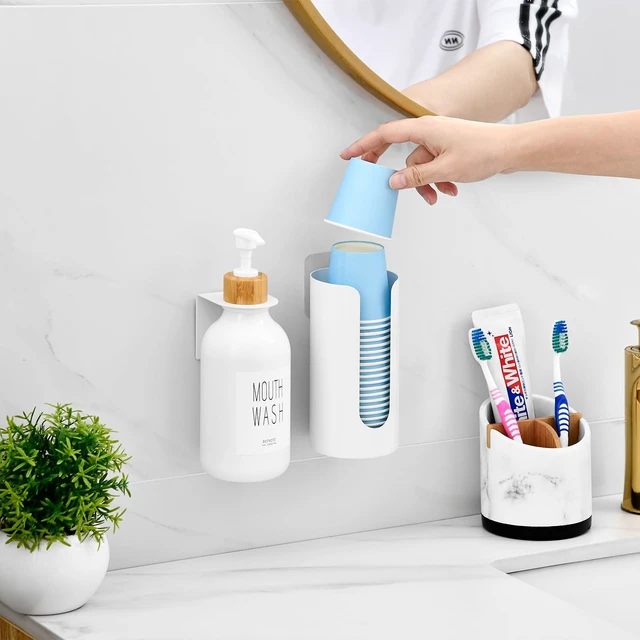 Alt view image 2 of 6 - Mouthwash Dispenser for Bathroom, Wall Mounted Container Cup Holder | 17OZ Refillable Mouth Wash Dispenser, Small Mouth Wash Pump Bottle, Plastic/Bamboo/Metal, White