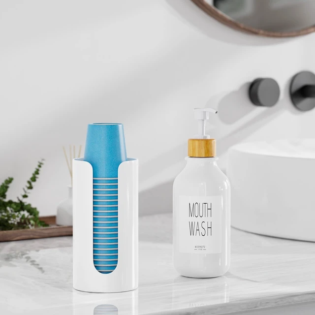 Alt view image 3 of 6 - Mouthwash Dispenser for Bathroom, Wall Mounted Container Cup Holder | 17OZ Refillable Mouth Wash Dispenser, Small Mouth Wash Pump Bottle, Plastic/Bamboo/Metal, White