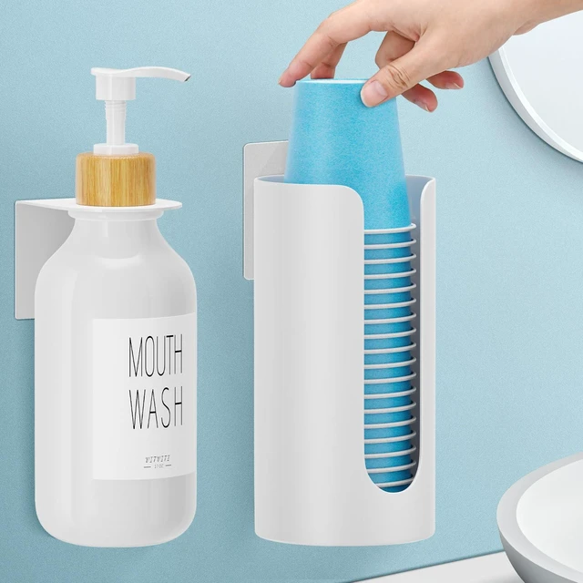 Main image of Mouthwash Dispenser for Bathroom, Wall Mounted Container Cup Holder | 17OZ Refillable Mouth Wash Dispenser, Small Mouth Wash Pump Bottle, Plastic/Bamboo/Metal, White