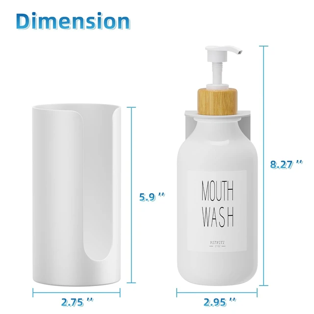 Alt view image 6 of 6 - Mouthwash Dispenser for Bathroom, Wall Mounted Container Cup Holder | 17OZ Refillable Mouth Wash Dispenser, Small Mouth Wash Pump Bottle, Plastic/Bamboo/Metal, White