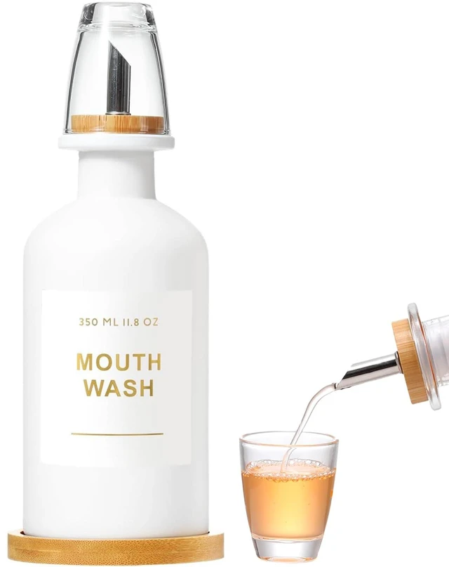 Main image of 11.8OZ Mouthwash Dispenser for Bathroom, White | Bamboo & Stainless Steel Pour Spout, Mouthwash Cup Reusable, Bamboo Tray, Elegant Gold Label