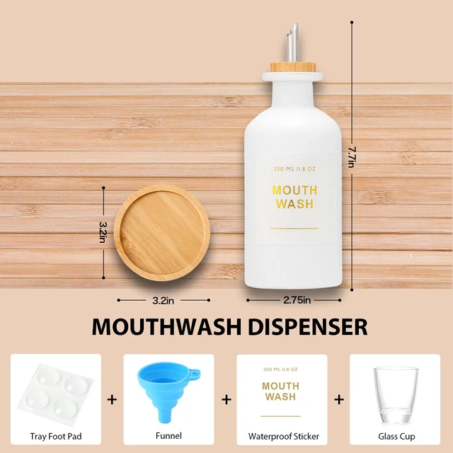 Alt view image 4 of 7 - 11.8OZ Mouthwash Dispenser for Bathroom, White | Bamboo & Stainless Steel Pour Spout, Mouthwash Cup Reusable, Bamboo Tray, Elegant Gold Label