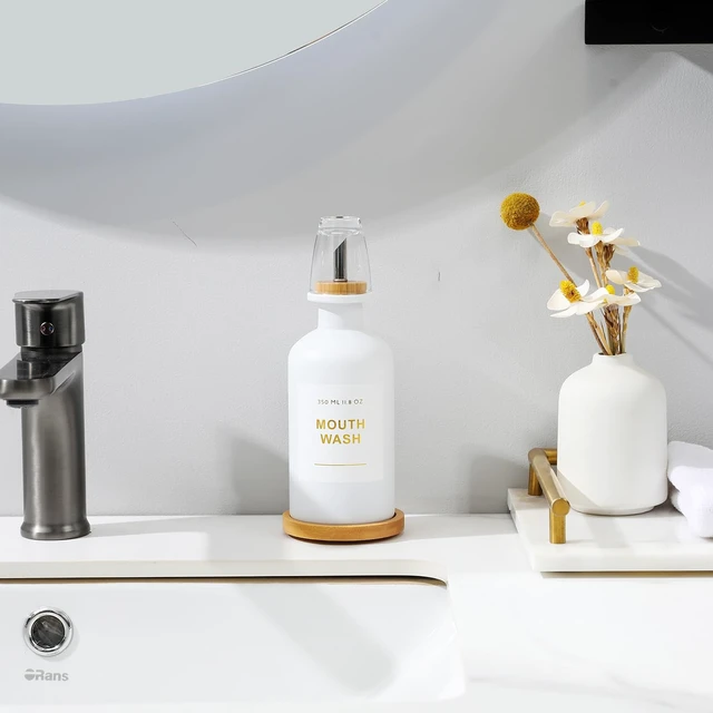 Alt view image 2 of 7 - 11.8OZ Mouthwash Dispenser for Bathroom, White | Bamboo & Stainless Steel Pour Spout, Mouthwash Cup Reusable, Bamboo Tray, Elegant Gold Label