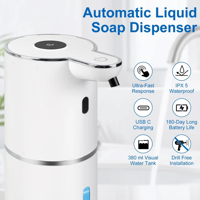 Alt view image 2 of 7 - Automatic Soap Dispenser, Hand Soap Dispenser 12.8oz/380ml Smart Rechargeable, Liquid Touchless Soap Dispensers with 6-Level, Wall Mounted or Countertop Dish Soap Dispensing for Bathroom & Kitchen