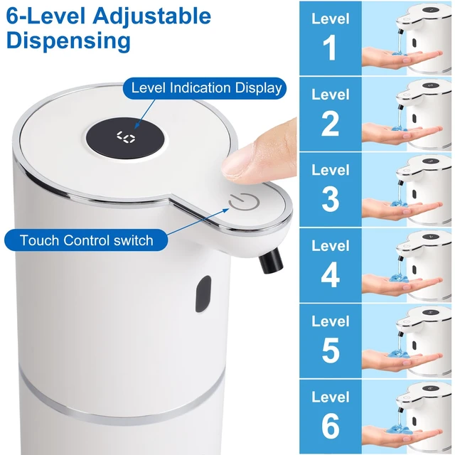 Alt view image 3 of 7 - Automatic Soap Dispenser, Hand Soap Dispenser 12.8oz/380ml Smart Rechargeable, Liquid Touchless Soap Dispensers with 6-Level, Wall Mounted or Countertop Dish Soap Dispensing for Bathroom & Kitchen