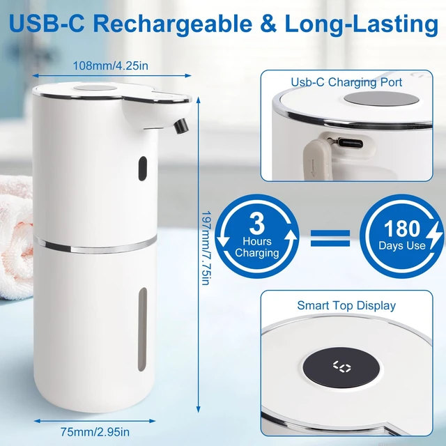 Alt view image 4 of 7 - Automatic Soap Dispenser, Hand Soap Dispenser 12.8oz/380ml Smart Rechargeable, Liquid Touchless Soap Dispensers with 6-Level, Wall Mounted or Countertop Dish Soap Dispensing for Bathroom & Kitchen