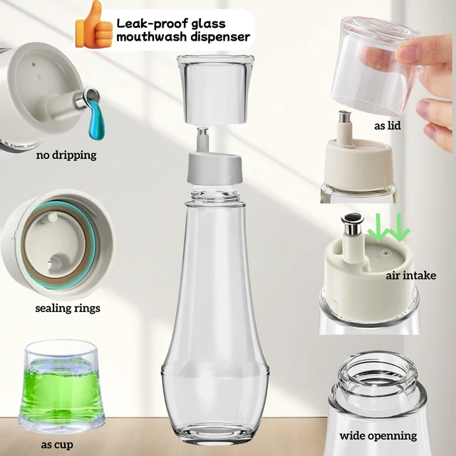 Alt view image 3 of 7 - Abriclo Glass Mouthwash Dispenser for Bathroom, Refillable Cystal Mouth Wash Bottle with Lid Cup 260ML Lead-Free Thickened Glass Dispenser Leak-Proof Design with 2 Matte Labels Multi-Purpose- 8.8oz