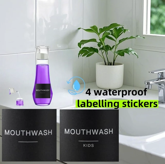 Alt view image 5 of 7 - Abriclo Glass Mouthwash Dispenser for Bathroom, Refillable Cystal Mouth Wash Bottle with Lid Cup 260ML Lead-Free Thickened Glass Dispenser Leak-Proof Design with 2 Matte Labels Multi-Purpose- 8.8oz