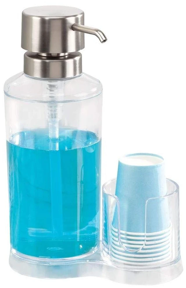 Main image of iDesign Clarity Mouthwash Dispenser Pump with Cup Holder Caddy, Clear | 6.25" x 3.5" x 9.25", Attached Paper Cup Holder