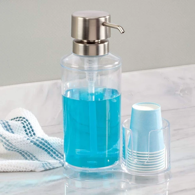 Alt view image 2 of 7 - iDesign Clarity Mouthwash Dispenser Pump with Cup Holder Caddy, Clear | 6.25" x 3.5" x 9.25", Attached Paper Cup Holder
