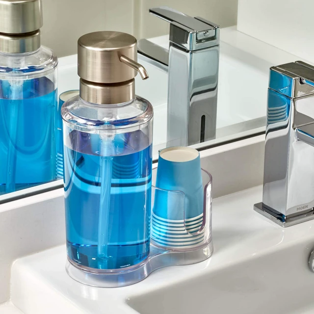 Alt view image 3 of 7 - iDesign Clarity Mouthwash Dispenser Pump with Cup Holder Caddy, Clear | 6.25" x 3.5" x 9.25", Attached Paper Cup Holder