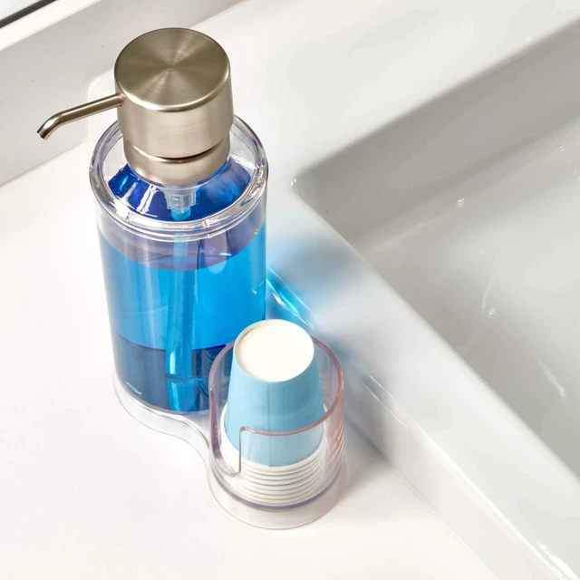 Alt view image 4 of 7 - iDesign Clarity Mouthwash Dispenser Pump with Cup Holder Caddy, Clear | 6.25" x 3.5" x 9.25", Attached Paper Cup Holder