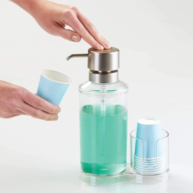 Alt view image 7 of 7 - iDesign Clarity Mouthwash Dispenser Pump with Cup Holder Caddy, Clear | 6.25" x 3.5" x 9.25", Attached Paper Cup Holder