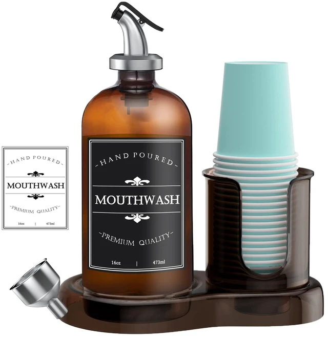 Main image of Amber Glass Mouthwash Dispenser with Cup Holder for Bathroom, 16oz Refillable Mouthwash Bottles Container with Tray, Funnel and 2 Waterproof Labels