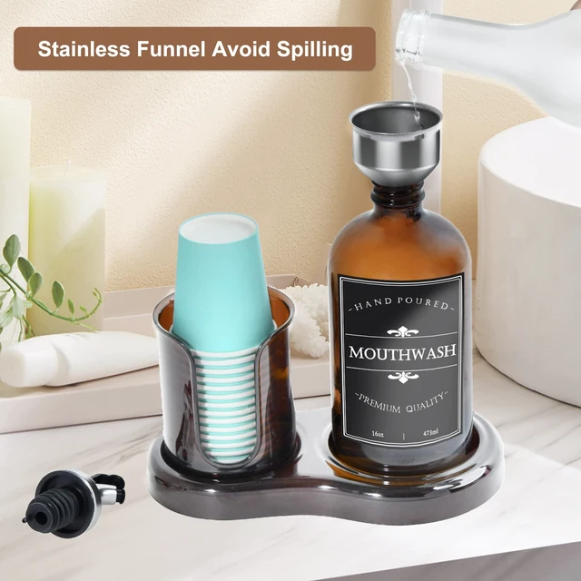 Alt view image 2 of 7 - Amber Glass Mouthwash Dispenser with Cup Holder for Bathroom, 16oz Refillable Mouthwash Bottles Container with Tray, Funnel and 2 Waterproof Labels