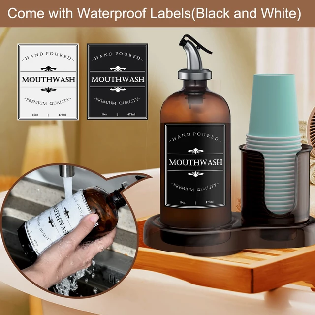 Alt view image 3 of 7 - Amber Glass Mouthwash Dispenser with Cup Holder for Bathroom, 16oz Refillable Mouthwash Bottles Container with Tray, Funnel and 2 Waterproof Labels
