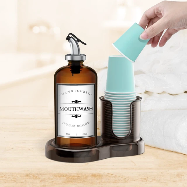 Alt view image 4 of 7 - Amber Glass Mouthwash Dispenser with Cup Holder for Bathroom, 16oz Refillable Mouthwash Bottles Container with Tray, Funnel and 2 Waterproof Labels