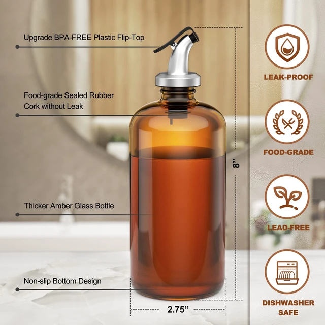 Alt view image 6 of 7 - Amber Glass Mouthwash Dispenser with Cup Holder for Bathroom, 16oz Refillable Mouthwash Bottles Container with Tray, Funnel and 2 Waterproof Labels