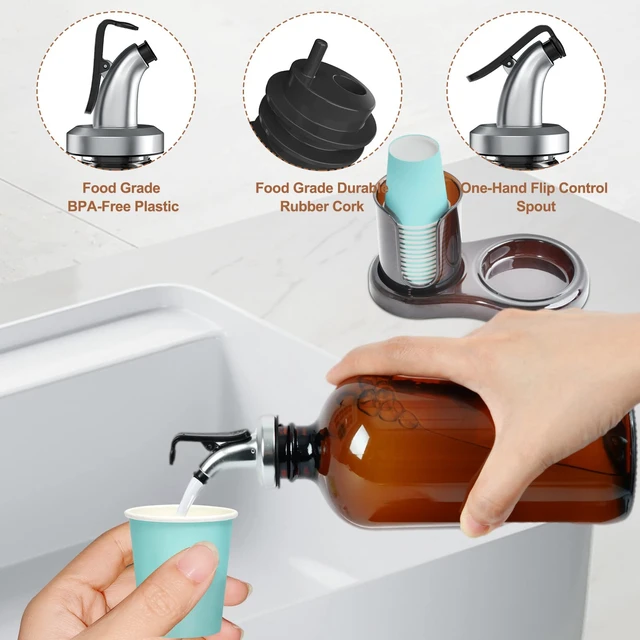 Alt view image 7 of 7 - Amber Glass Mouthwash Dispenser with Cup Holder for Bathroom, 16oz Refillable Mouthwash Bottles Container with Tray, Funnel and 2 Waterproof Labels