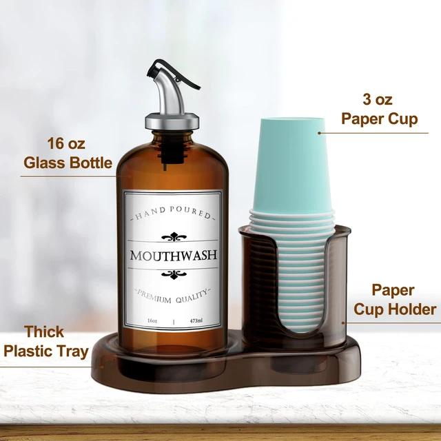 Alt view image 5 of 7 - Amber Glass Mouthwash Dispenser with Cup Holder for Bathroom, 16oz Refillable Mouthwash Bottles Container with Tray, Funnel and 2 Waterproof Labels