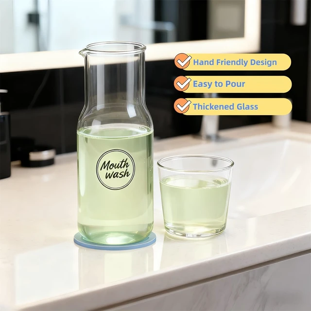 Alt view image 2 of 7 - Onnzin Glass Mouthwash Dispenser for Bathroom,Mouthwash Bottle with Lid Cup | 12.17 OZ Refillable Mouth Wash Lotion Container Bottle with Lid Cup,Mouthwash Cup Reusable