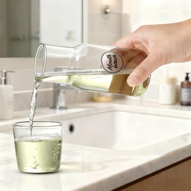 Alt view image 4 of 7 - Onnzin Glass Mouthwash Dispenser for Bathroom,Mouthwash Bottle with Lid Cup | 12.17 OZ Refillable Mouth Wash Lotion Container Bottle with Lid Cup,Mouthwash Cup Reusable