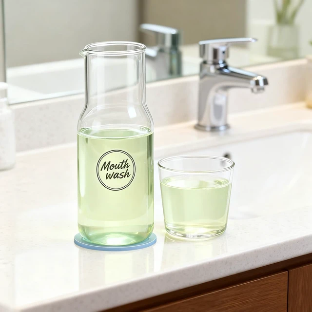 Alt view image 7 of 7 - Onnzin Glass Mouthwash Dispenser for Bathroom,Mouthwash Bottle with Lid Cup | 12.17 OZ Refillable Mouth Wash Lotion Container Bottle with Lid Cup,Mouthwash Cup Reusable