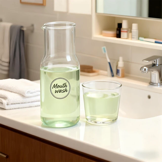Alt view image 5 of 7 - Onnzin Glass Mouthwash Dispenser for Bathroom,Mouthwash Bottle with Lid Cup | 12.17 OZ Refillable Mouth Wash Lotion Container Bottle with Lid Cup,Mouthwash Cup Reusable