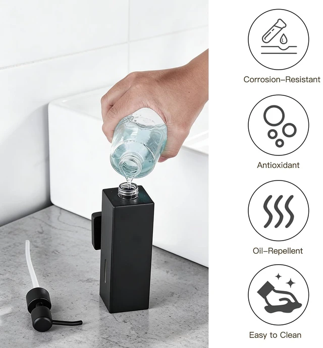 Alt view image 4 of 6 - Black Soap Dispenser, Wall-Mounted 304 Stainless Steel Liquid Soap Dispenser for Kitchen and Bathroom