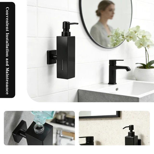 Alt view image 6 of 6 - Black Soap Dispenser, Wall-Mounted 304 Stainless Steel Liquid Soap Dispenser for Kitchen and Bathroom