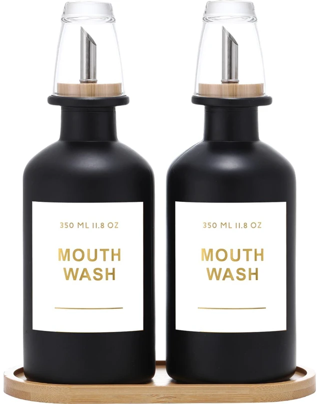Main image of 11.8OZ Glass Mouthwash Dispenser, Set of 2, Black | Stainless Steel & Bamboo Nozzle, Reusable Mouthwash Cup, Bamboo Tray, Elegant Gold Sticker