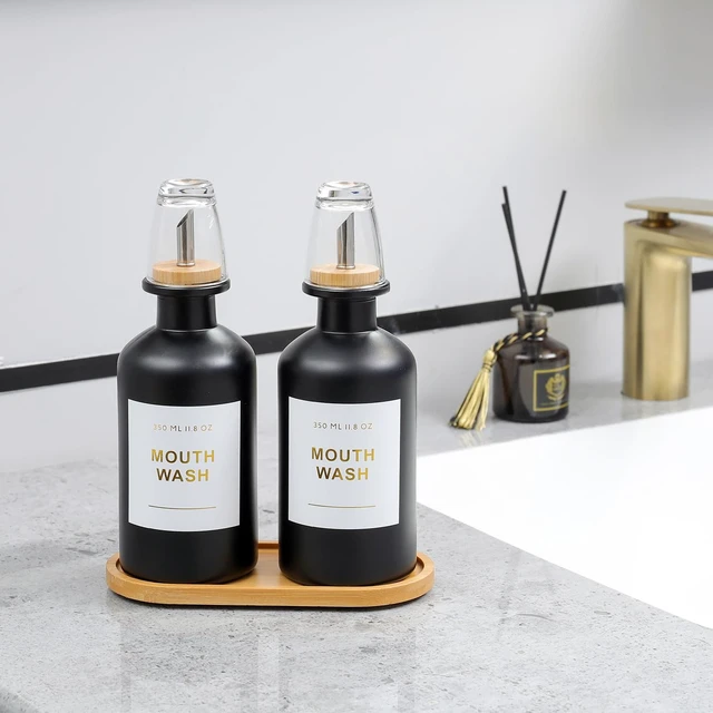 Alt view image 4 of 7 - 11.8OZ Glass Mouthwash Dispenser, Set of 2, Black | Stainless Steel & Bamboo Nozzle, Reusable Mouthwash Cup, Bamboo Tray, Elegant Gold Sticker