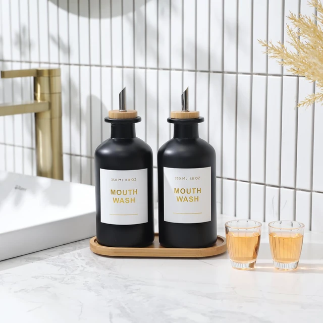 Alt view image 2 of 7 - 11.8OZ Glass Mouthwash Dispenser, Set of 2, Black | Stainless Steel & Bamboo Nozzle, Reusable Mouthwash Cup, Bamboo Tray, Elegant Gold Sticker