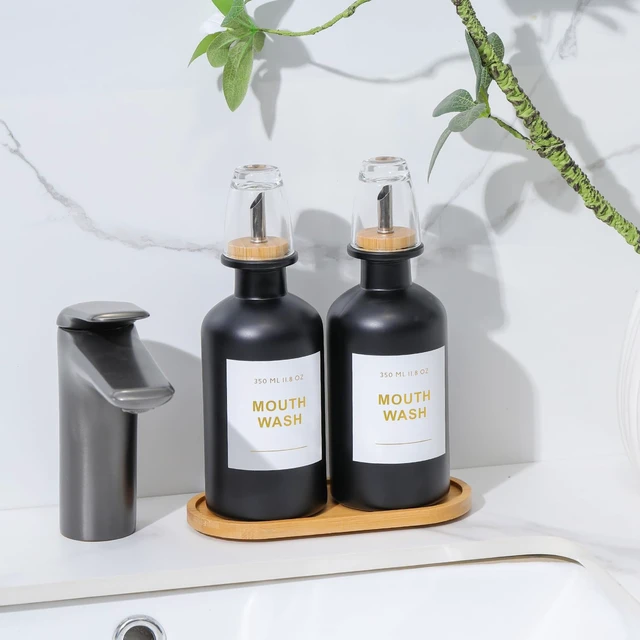 Alt view image 5 of 7 - 11.8OZ Glass Mouthwash Dispenser, Set of 2, Black | Stainless Steel & Bamboo Nozzle, Reusable Mouthwash Cup, Bamboo Tray, Elegant Gold Sticker