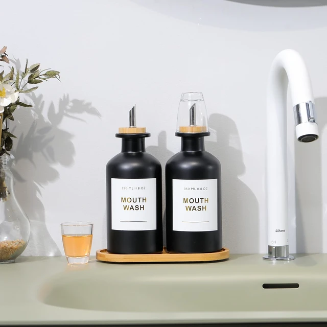 Alt view image 6 of 7 - 11.8OZ Glass Mouthwash Dispenser, Set of 2, Black | Stainless Steel & Bamboo Nozzle, Reusable Mouthwash Cup, Bamboo Tray, Elegant Gold Sticker